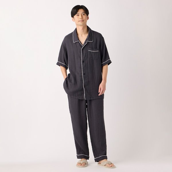 Mens Crepe Gauze Piping Short Sleeve Pajamas