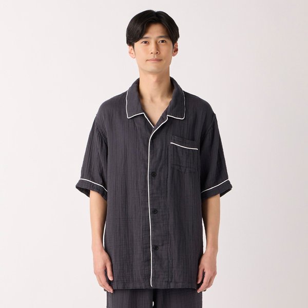 Mens Crepe Gauze Piping Short Sleeve Pajamas